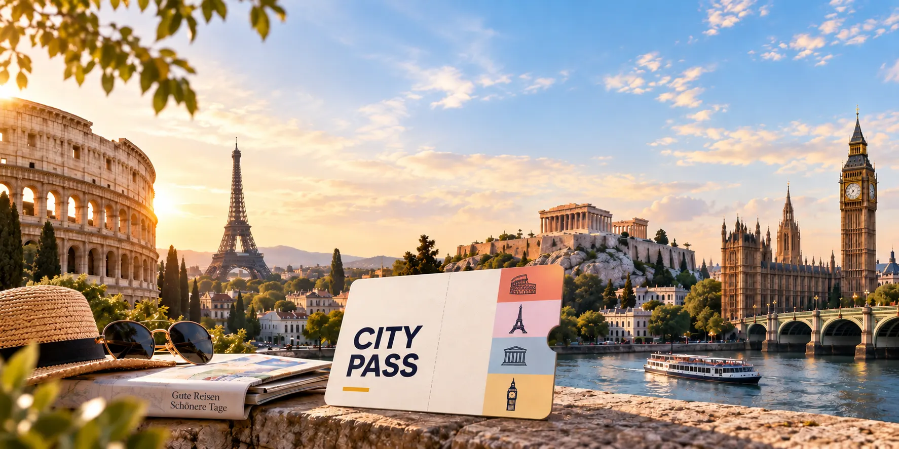 Collage of Rome, Paris, Athens and London skylines with a City Pass card on a stone ledge at sunset