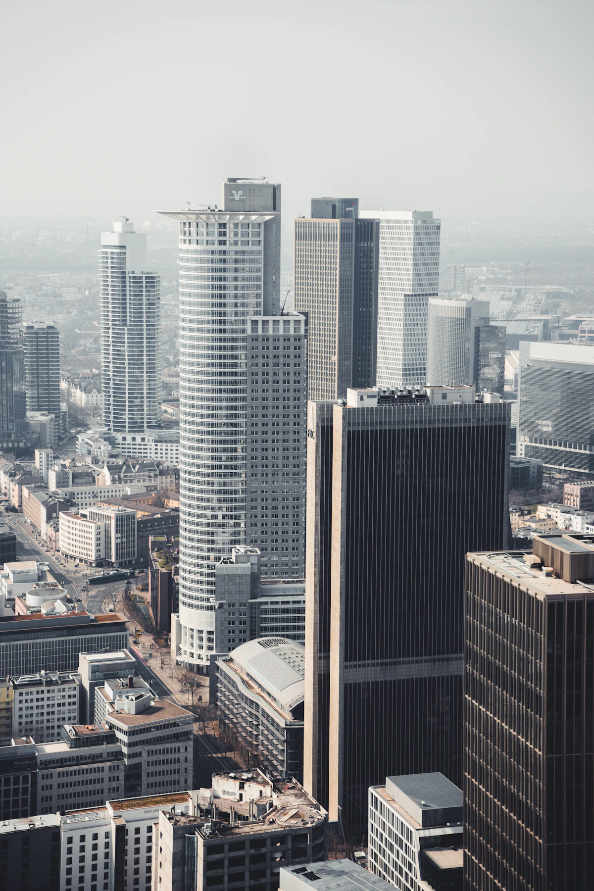 An aerial view over Frankfurt's skyscraper district