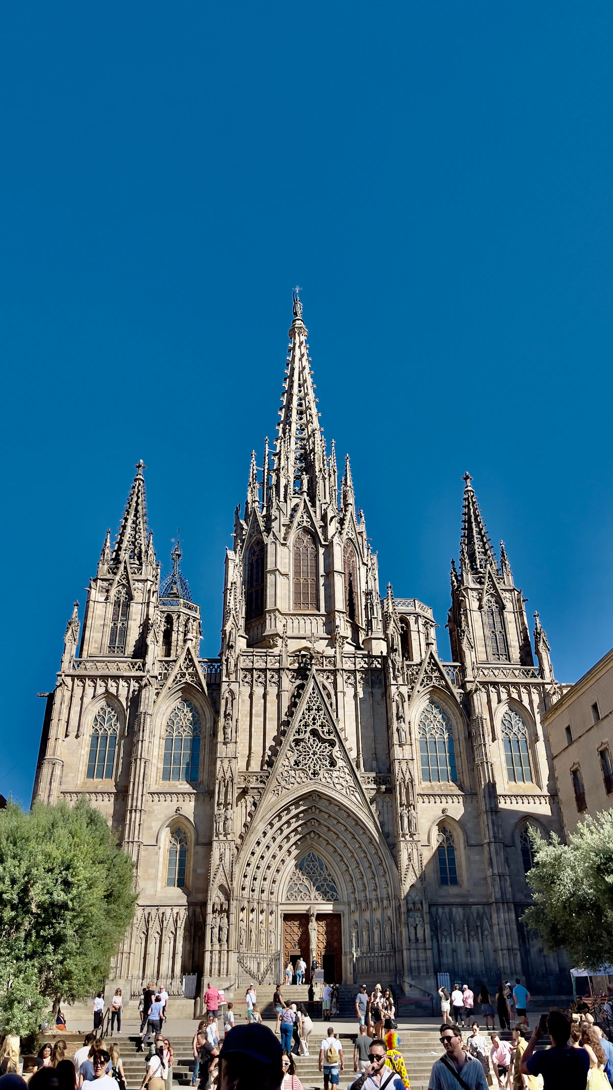 A group of visitors standing in front of the Gothic facade of Barcelona Cathedral