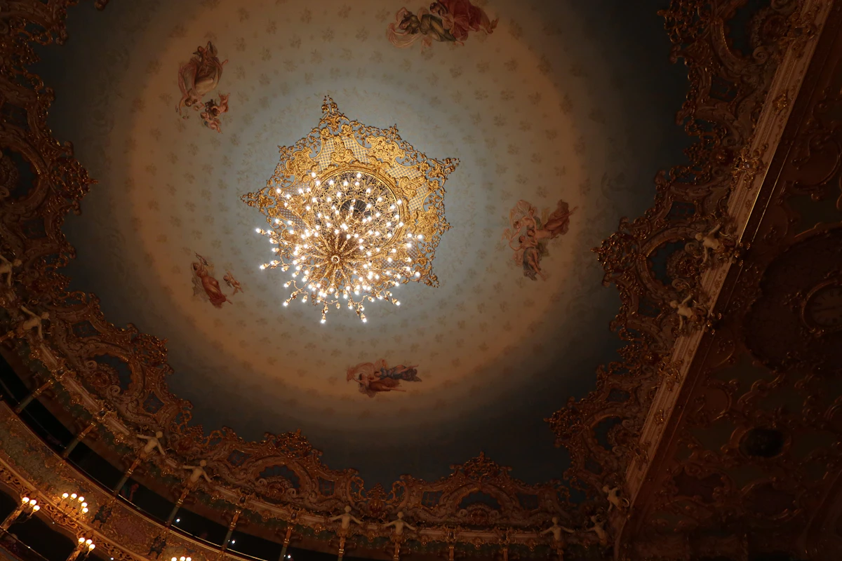 Ein prunkvoller Kronleuchter beleuchtet eine bemalte Theaterdecke (repräsentatives Bild, nicht das tatsächliche Innere des Cuvilliés-Theaters)